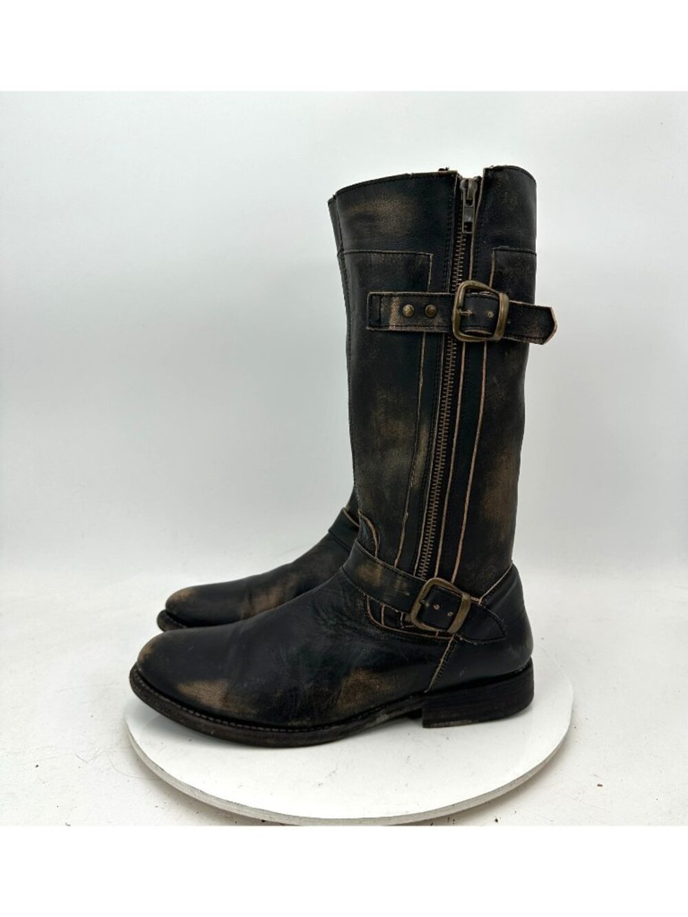 Bed Stu Gogo Lug 12" Men Size 9 Distressed Black Leather Dual Zip Buckles Boot
